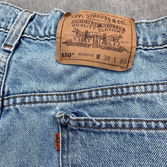 Levis 550 Shorts Men 38 Blue Fade Relaxed Fit Cotton Black Bat Wing Orange Tab - Picture 9 of 11